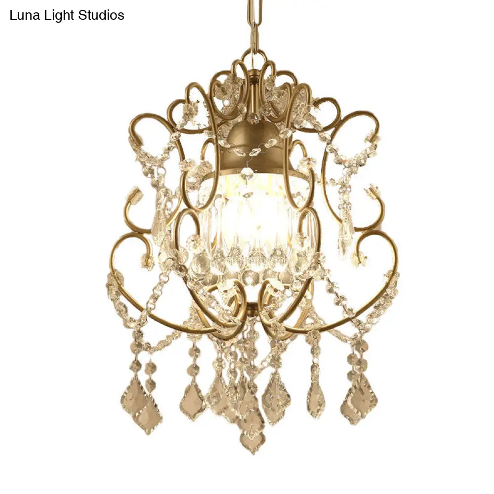 Brass Finish Crystal Chandelier With Lantern Curving Arm And Elegant Draping