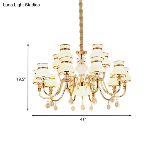 Sleek Curvy Arm Suspension Lamp With 15 Opal Glass Bulbs - Gold Finish