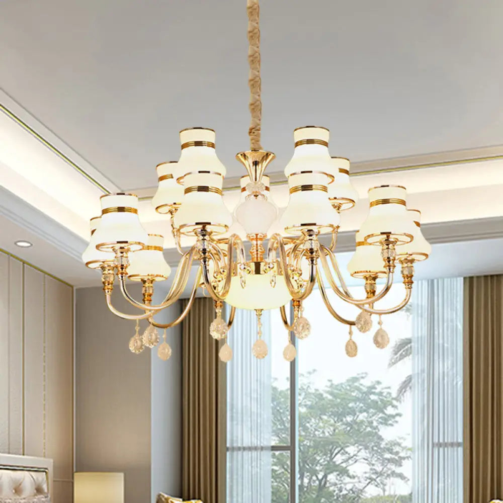 Curvy Arm Suspension Chandelier With 15 Opal Glass Bulbs - Gold Finish