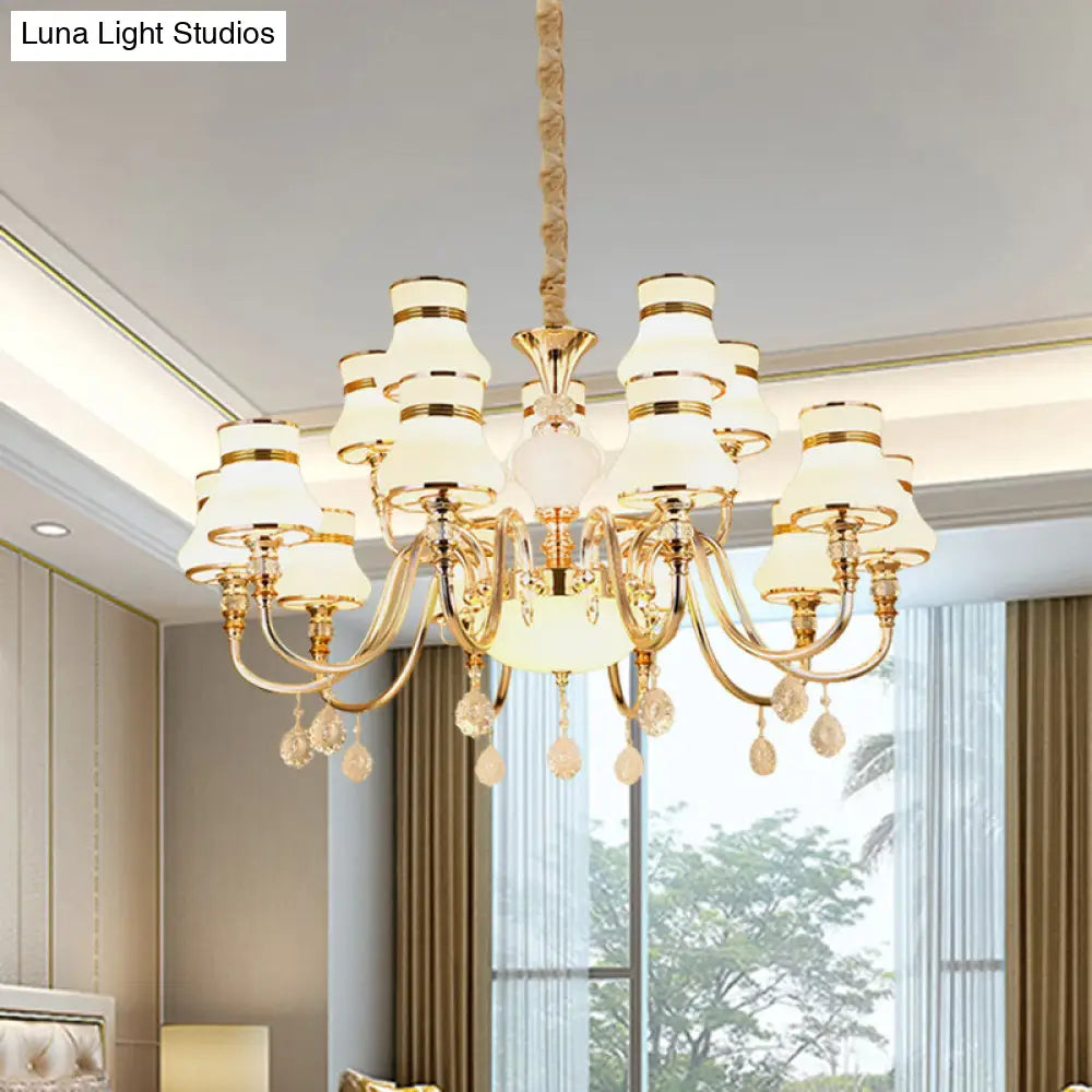 Sleek Curvy Arm Suspension Lamp With 15 Opal Glass Bulbs - Gold Finish