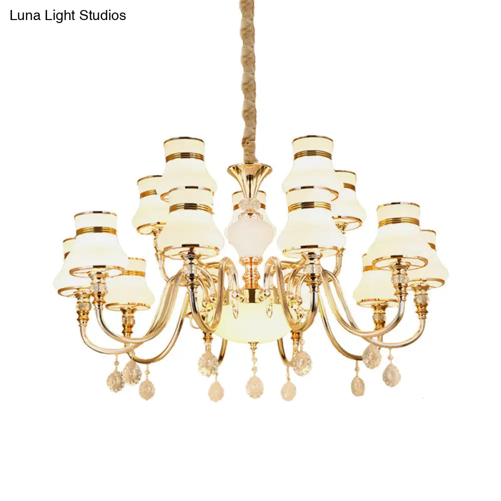 Curvy Arm Suspension Chandelier With 15 Opal Glass Bulbs - Gold Finish