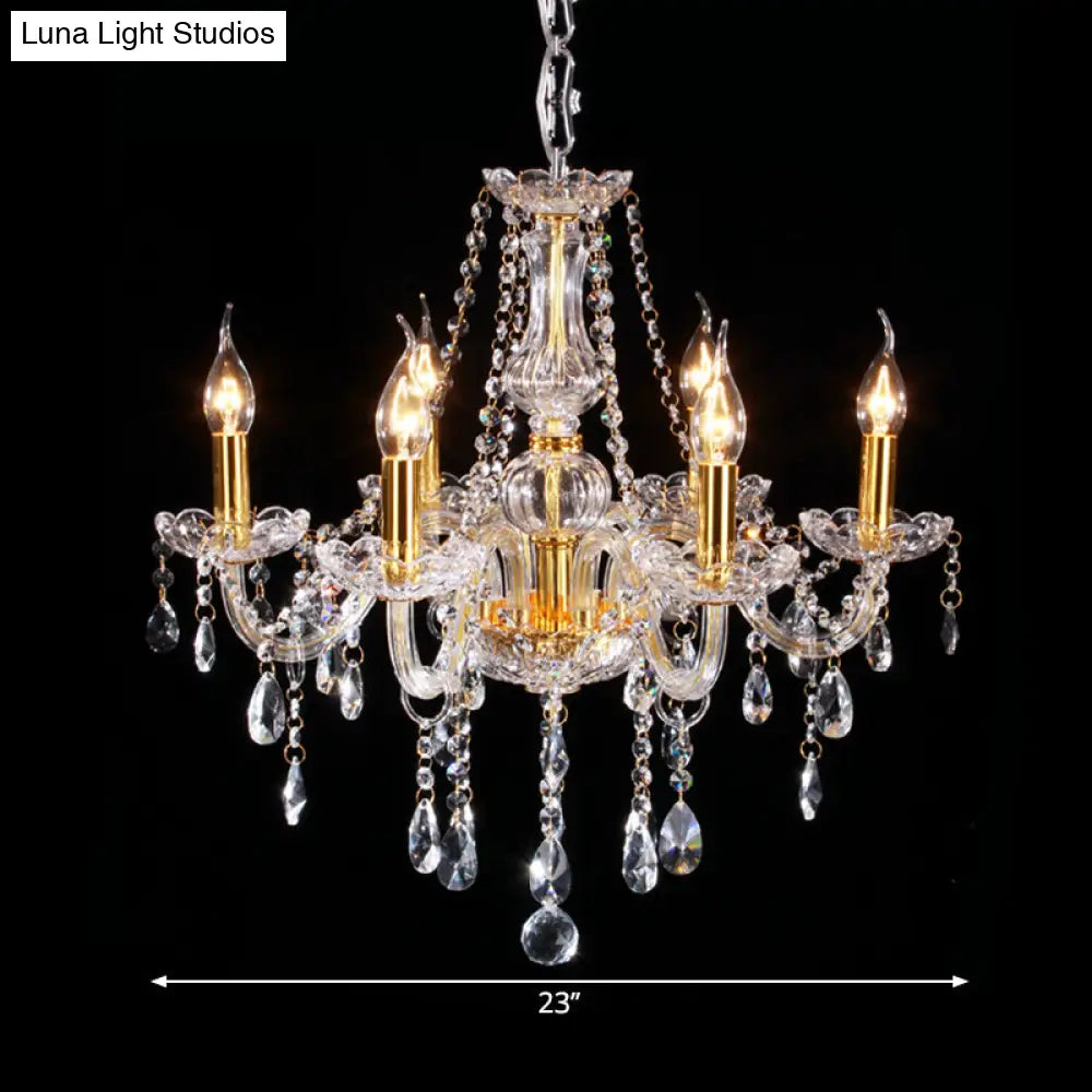 Curvy Armed Crystal Chandelier - Golden Victorian Style Pendant Light With 6 Heads