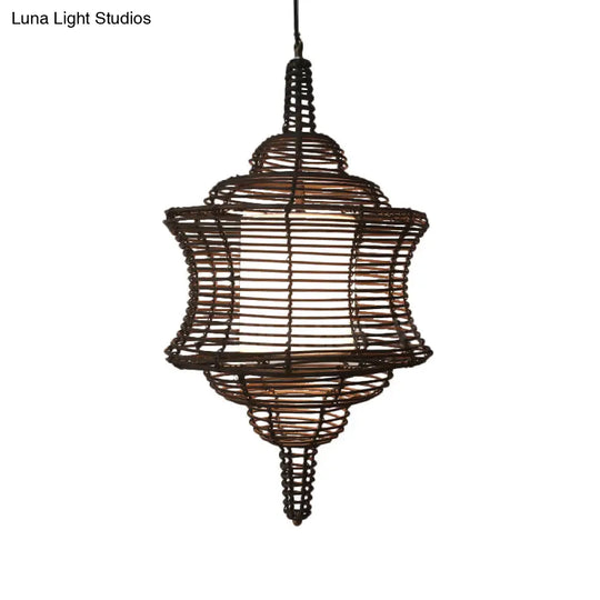 Curvy Asia Rattan Ceiling Lamp - Coffee Hanging Pendant Light With White Inner Shade