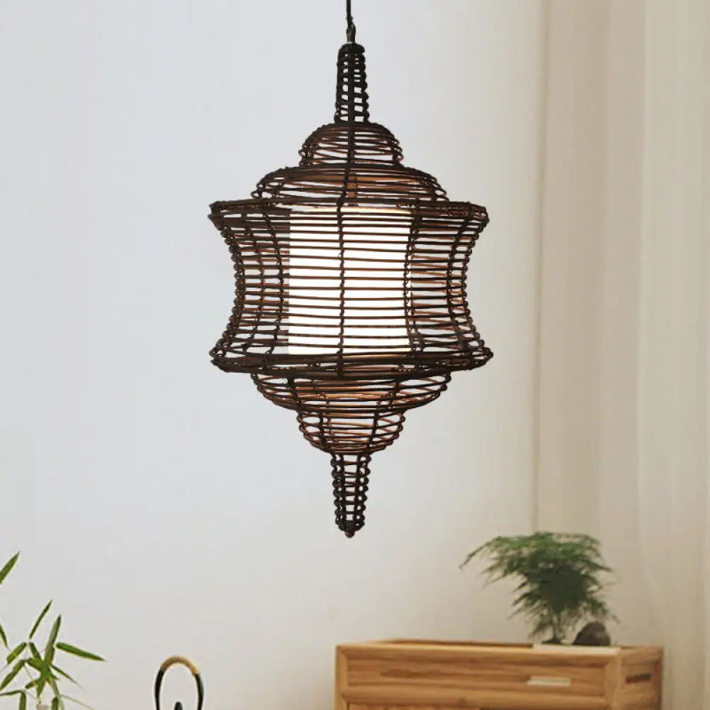 Curvy Asia Rattan Ceiling Lamp - Coffee Hanging Pendant Light With White Inner Shade