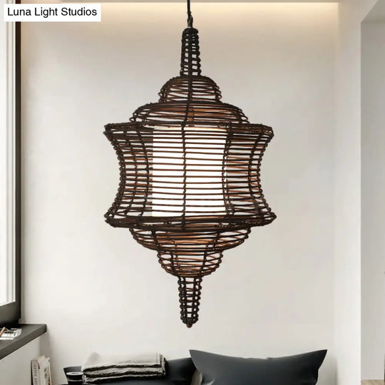 Curvy Asia Rattan Ceiling Lamp - Coffee Hanging Pendant Light With White Inner Shade