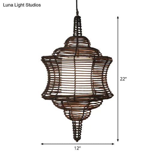 Curvy Asia Rattan Ceiling Lamp - Coffee Hanging Pendant Light With White Inner Shade