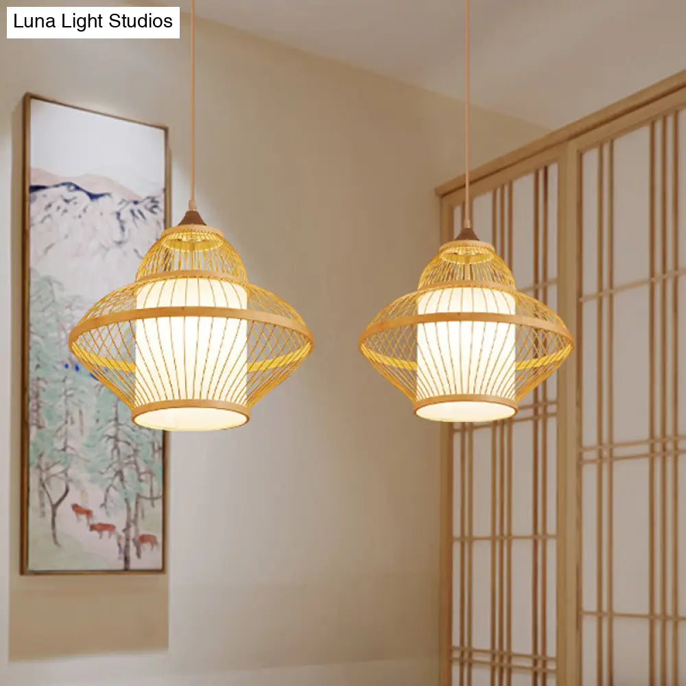 Curvy Bamboo Pendant Light - Japanese Inspired 14/17 Wide Wood Ceiling Hanging 1 Bulb