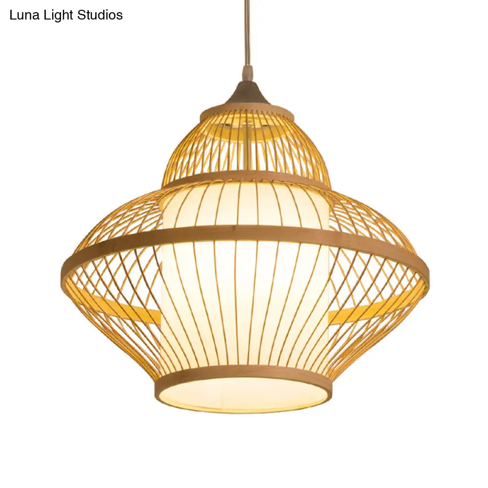 Curvy Bamboo Pendant Light - Japanese Inspired 14/17 Wide Wood Ceiling Hanging 1 Bulb