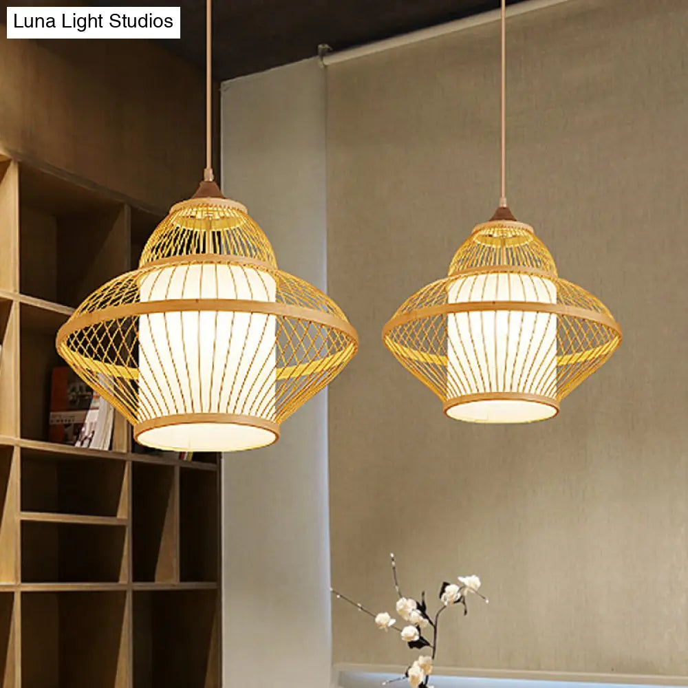 Curvy Bamboo Pendant Light - Japanese Inspired 14/17 Wide Wood Ceiling Hanging 1 Bulb