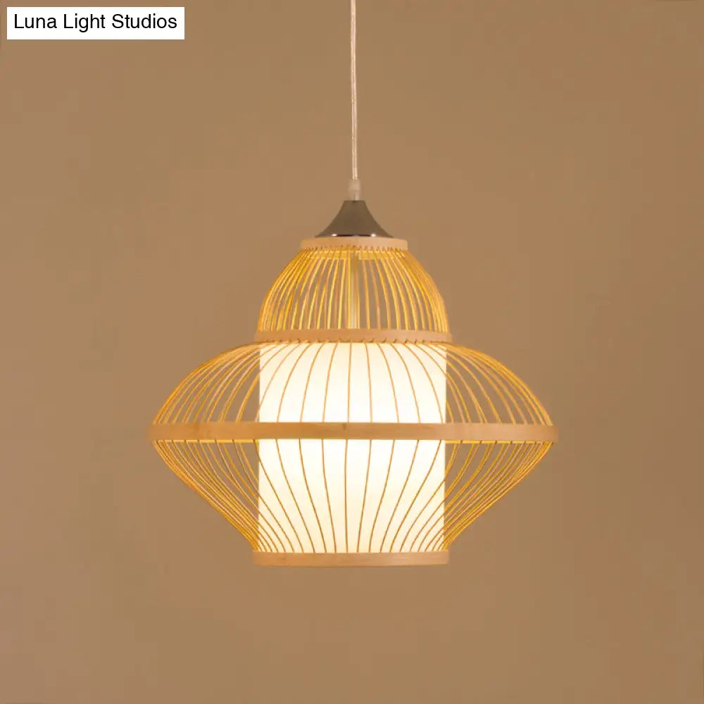 Curvy Bamboo Pendant Light - Japanese Inspired 14/17 Wide Wood Ceiling Hanging 1 Bulb