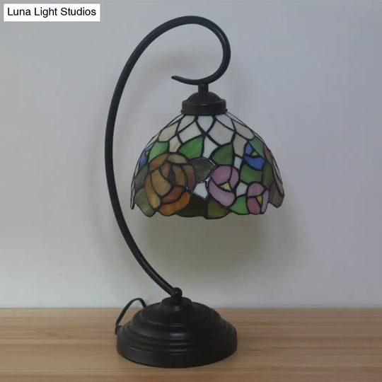 Curvy Bronze Baroque Night Light With Floral Patterned Glass Shade