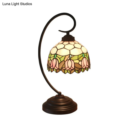 Curvy Bronze Baroque Night Light With Floral Patterned Glass Shade