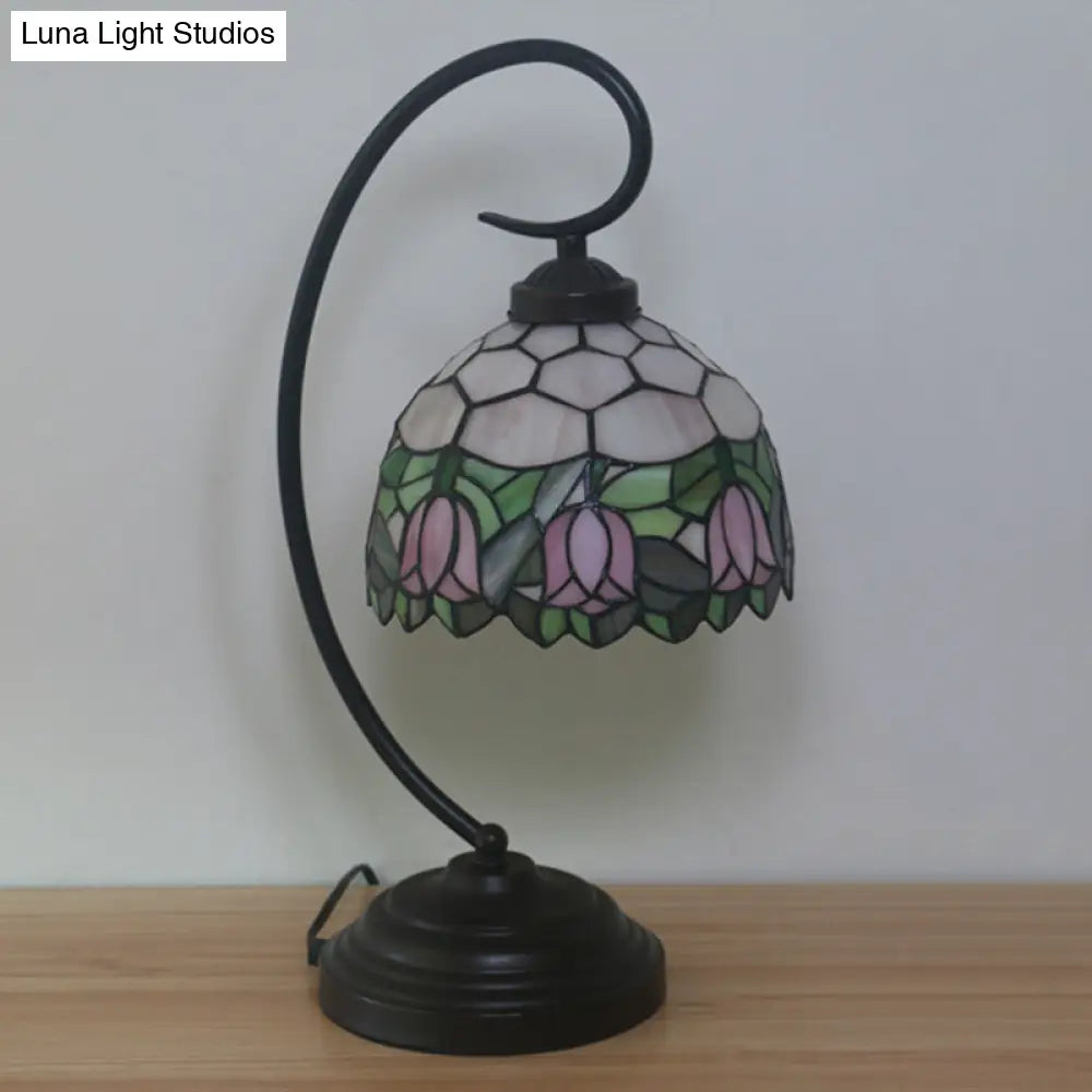 Curvy Bronze Baroque Night Light With Floral Patterned Glass Shade