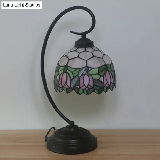 Curvy Bronze Baroque Night Light With Floral Patterned Glass Shade