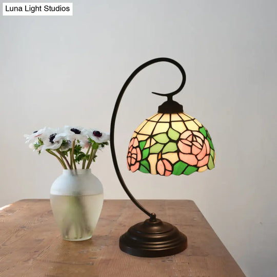 Curvy Bronze Baroque Night Light With Floral Patterned Glass Shade