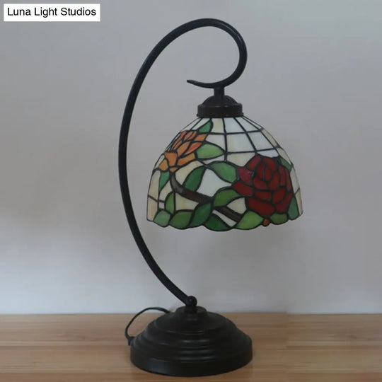 Curvy Bronze Baroque Night Light With Floral Patterned Glass Shade