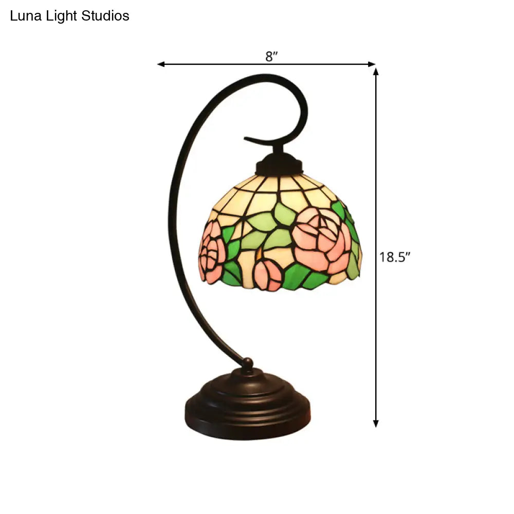 Curvy Bronze Baroque Night Light With Floral Patterned Glass Shade