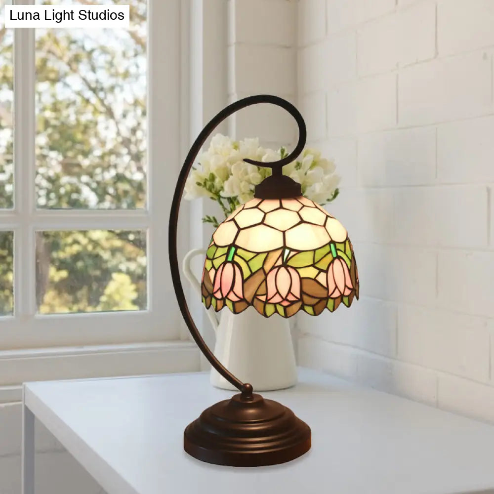 Curvy Bronze Baroque Night Light With Floral Patterned Glass Shade