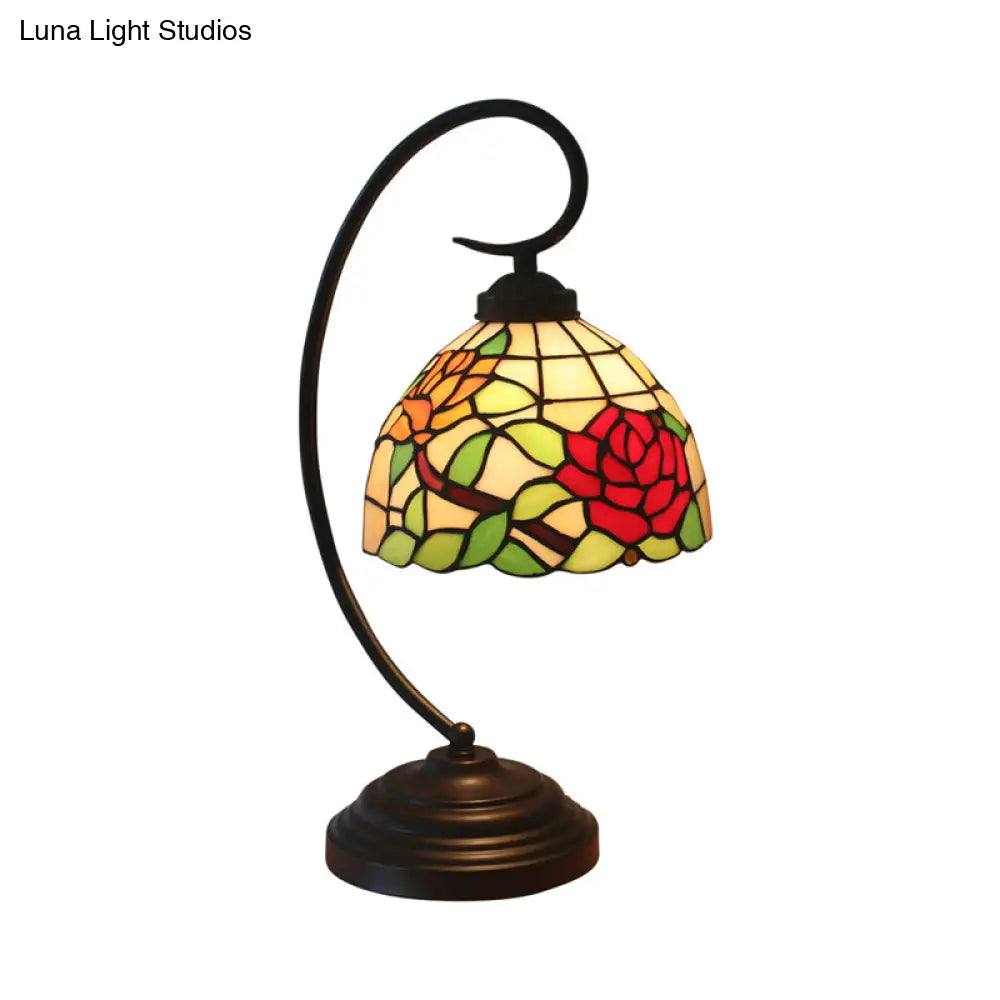 Curvy Bronze Baroque Night Light With Floral Patterned Glass Shade