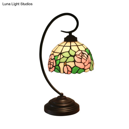 Curvy Bronze Baroque Night Light With Floral Patterned Glass Shade