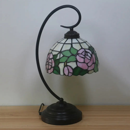 Curvy Bronze Baroque Night Light With Floral Patterned Glass Shade Pink