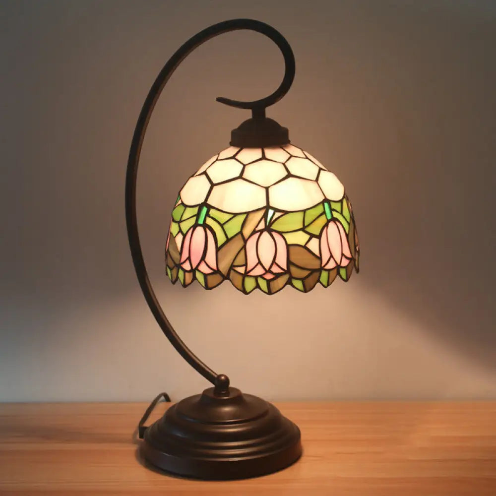 Curvy Bronze Baroque Night Light With Floral Patterned Glass Shade Purple