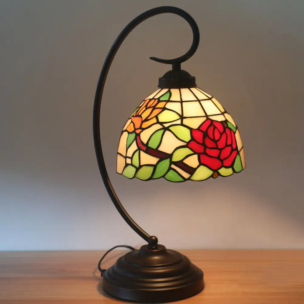 Curvy Bronze Baroque Night Light With Floral Patterned Glass Shade Red