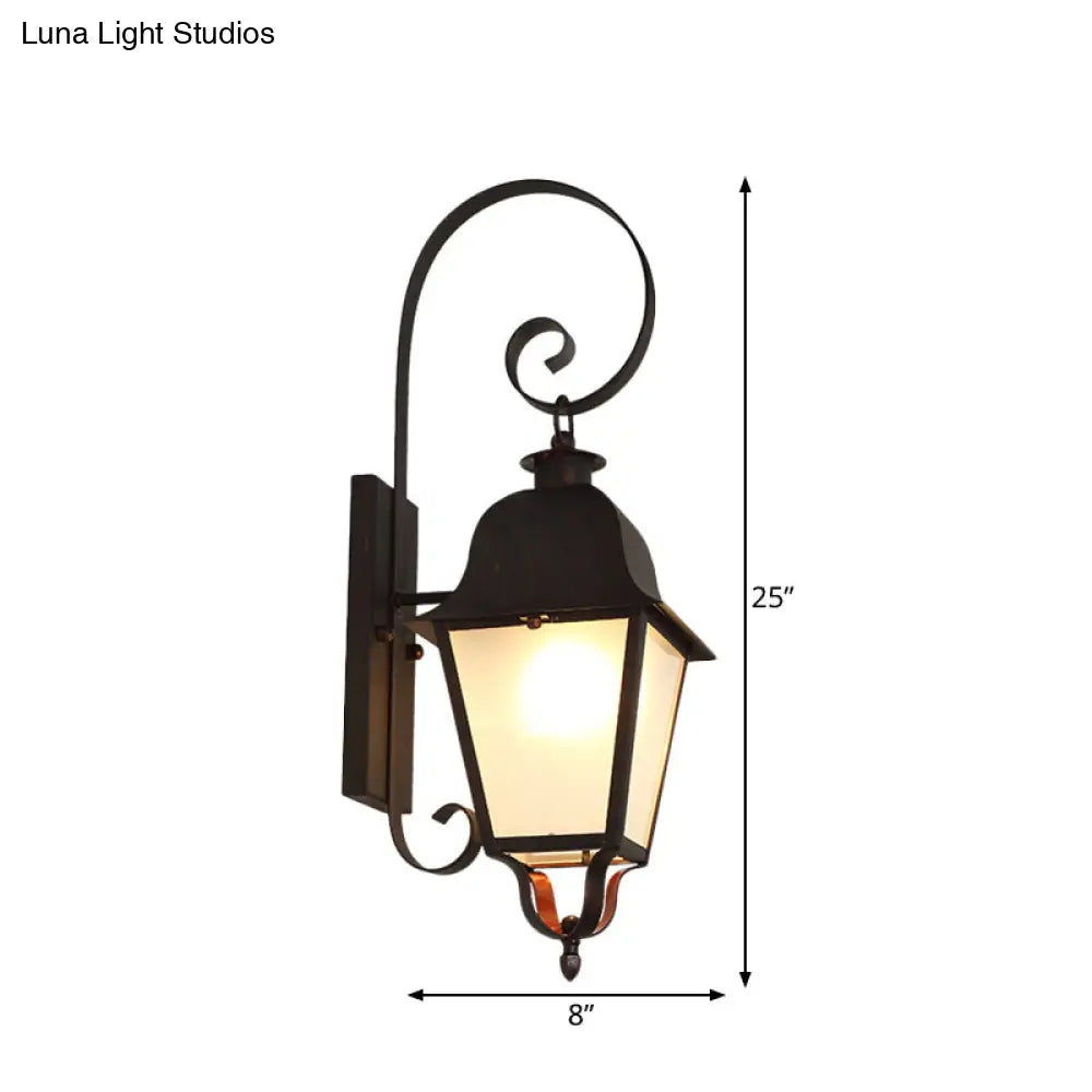 Curvy Cottage Wall Lamp With Lantern Frosted Glass Shade - Black 1-Light Metallic Sconce