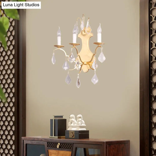 Curvy Gold Sconce With Crystal Accent - Countryside Metallic Wall Lamp (3 Lights) For Living Room