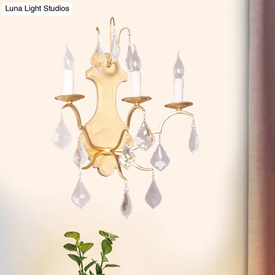 Curvy Gold Sconce With Crystal Accent - Countryside Metallic Wall Lamp (3 Lights) For Living Room