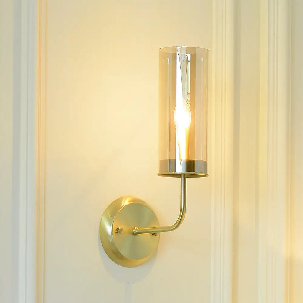 Curvy Metal Wall Lamp: Simple 1-Head Brass Sconce With Clear Glass Shade