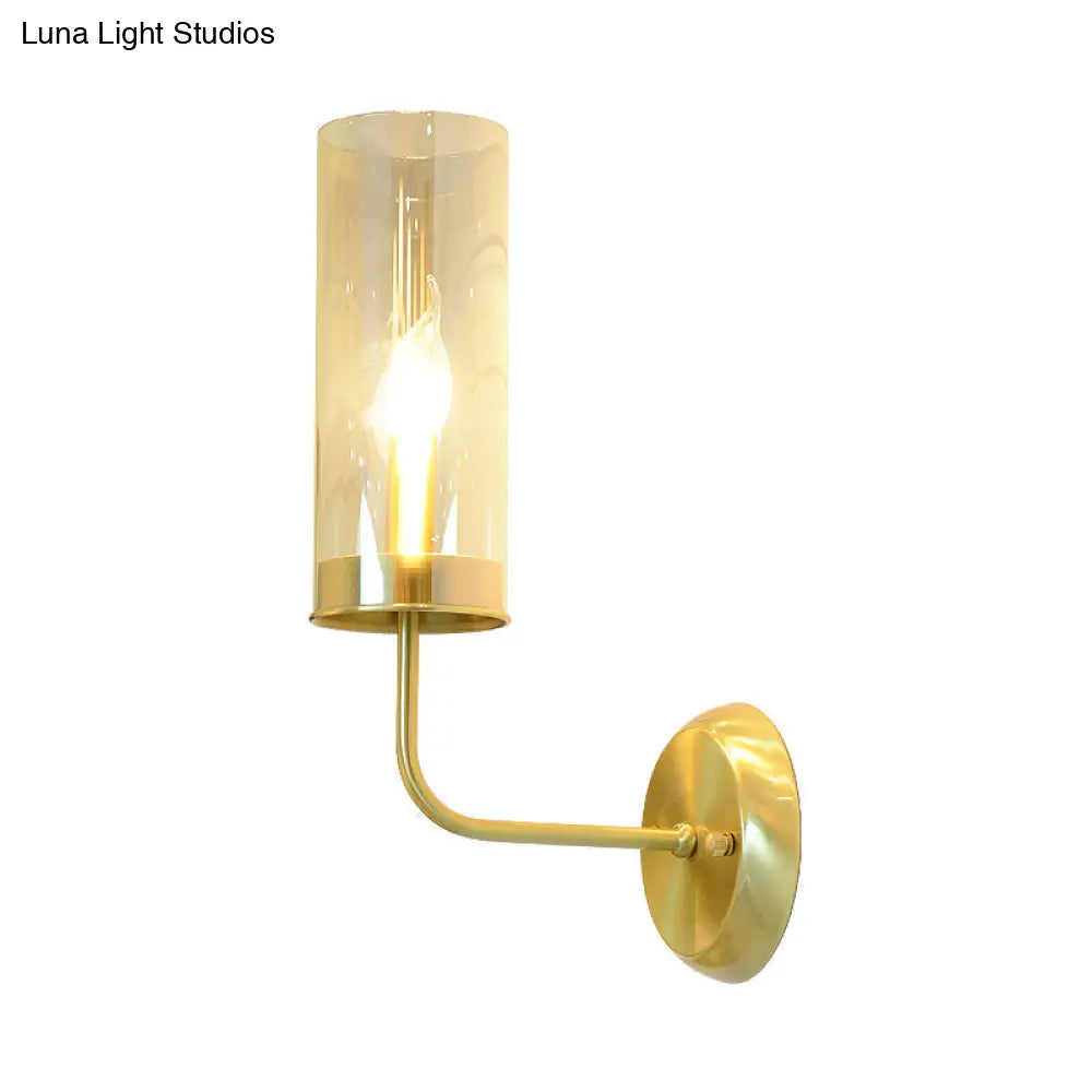 Curvy Metal Wall Lamp: Simple 1-Head Brass Sconce With Clear Glass Shade