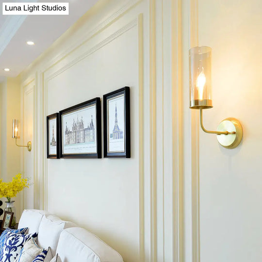 Curvy Metal Wall Lamp: Simple 1-Head Brass Sconce With Clear Glass Shade