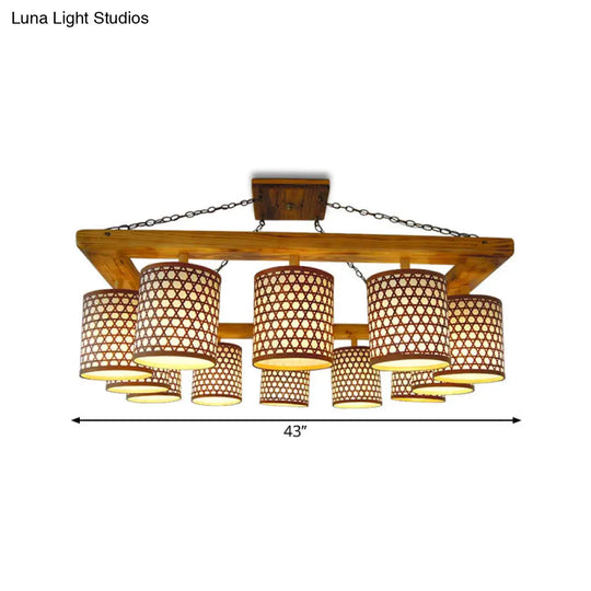 Customizable Wood 12 - Light Ceiling Chandelier - Semi Flush Mount With Oblong Beige Frame (7 - 10