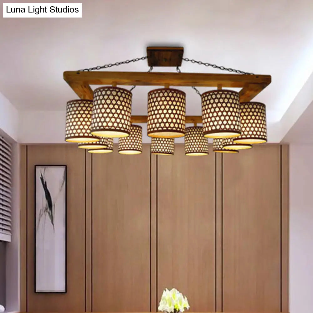 Customizable Wood 12-Light Ceiling Chandelier - Semi Flush Mount With Oblong Beige Frame (7-10 Days