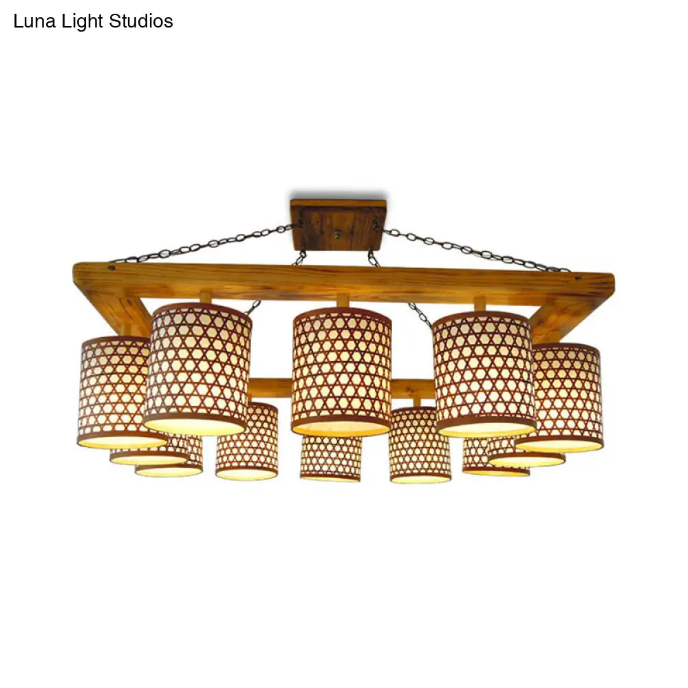 Customizable Wood 12 - Light Ceiling Chandelier - Semi Flush Mount With Oblong Beige Frame (7 - 10