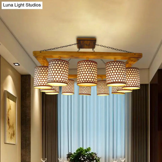 Customizable Wood 12-Light Ceiling Chandelier - Semi Flush Mount With Oblong Beige Frame (7-10 Days