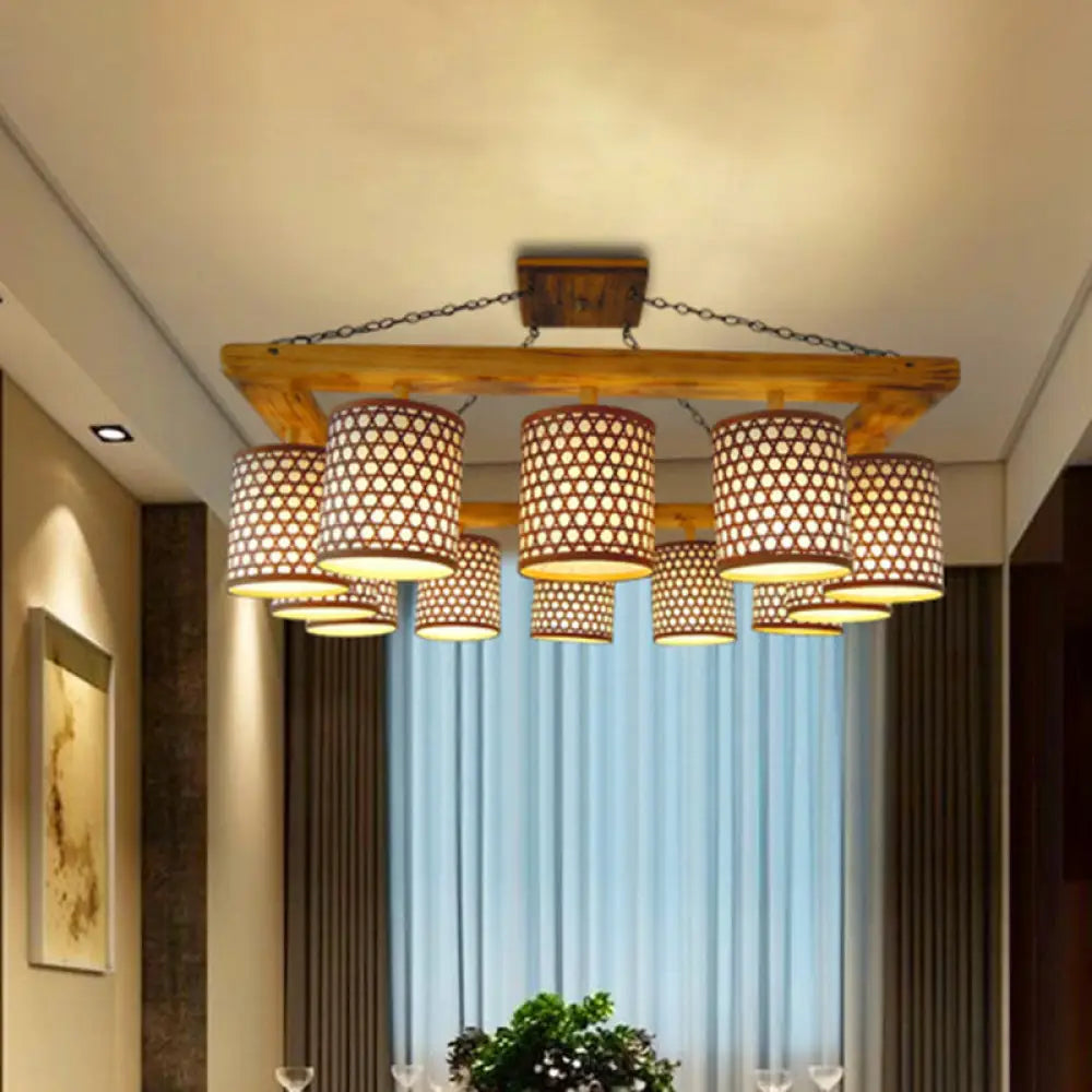 Customizable Wood 12 - Light Ceiling Chandelier - Semi Flush Mount With Oblong Beige Frame (7 - 10