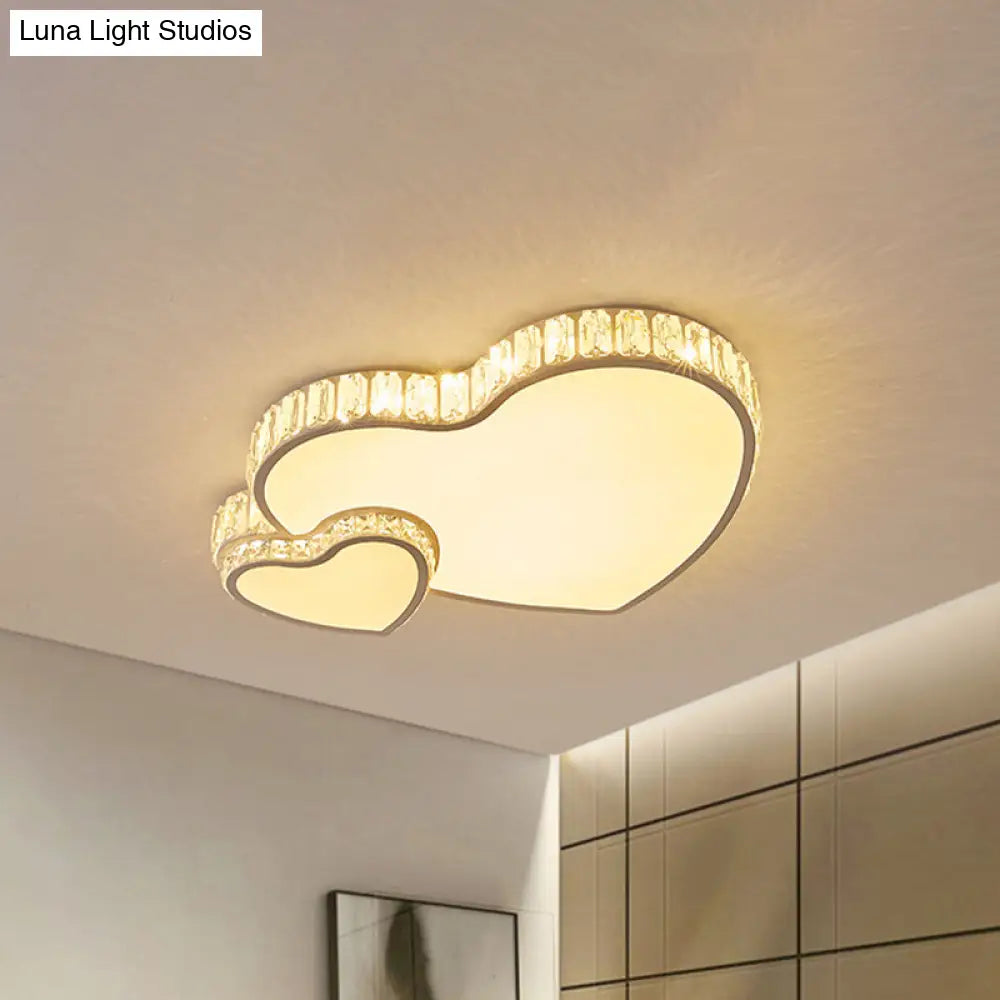 Cut Crystal Led Flush Mount Recessed Lighting In White - Minimalist Dual Heart Design