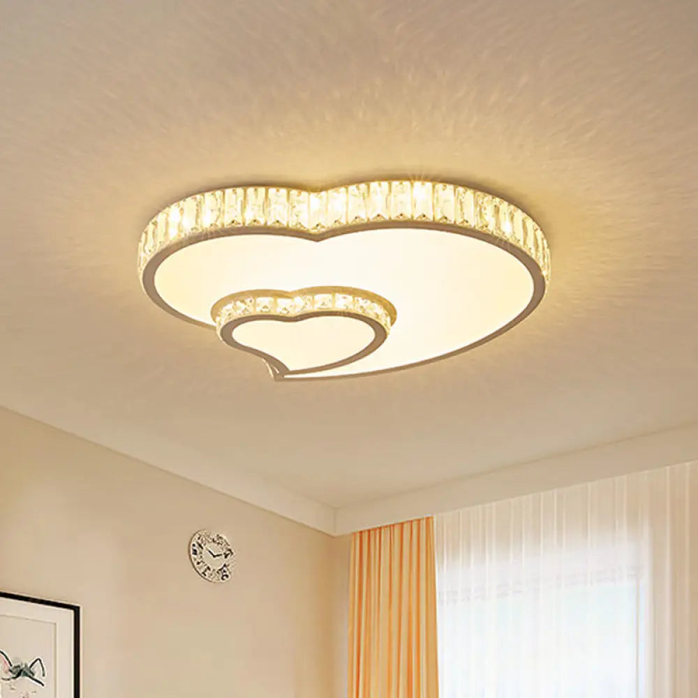 Cut Crystal Led Flush Mount Recessed Lighting In White - Minimalist Dual Heart Design / B