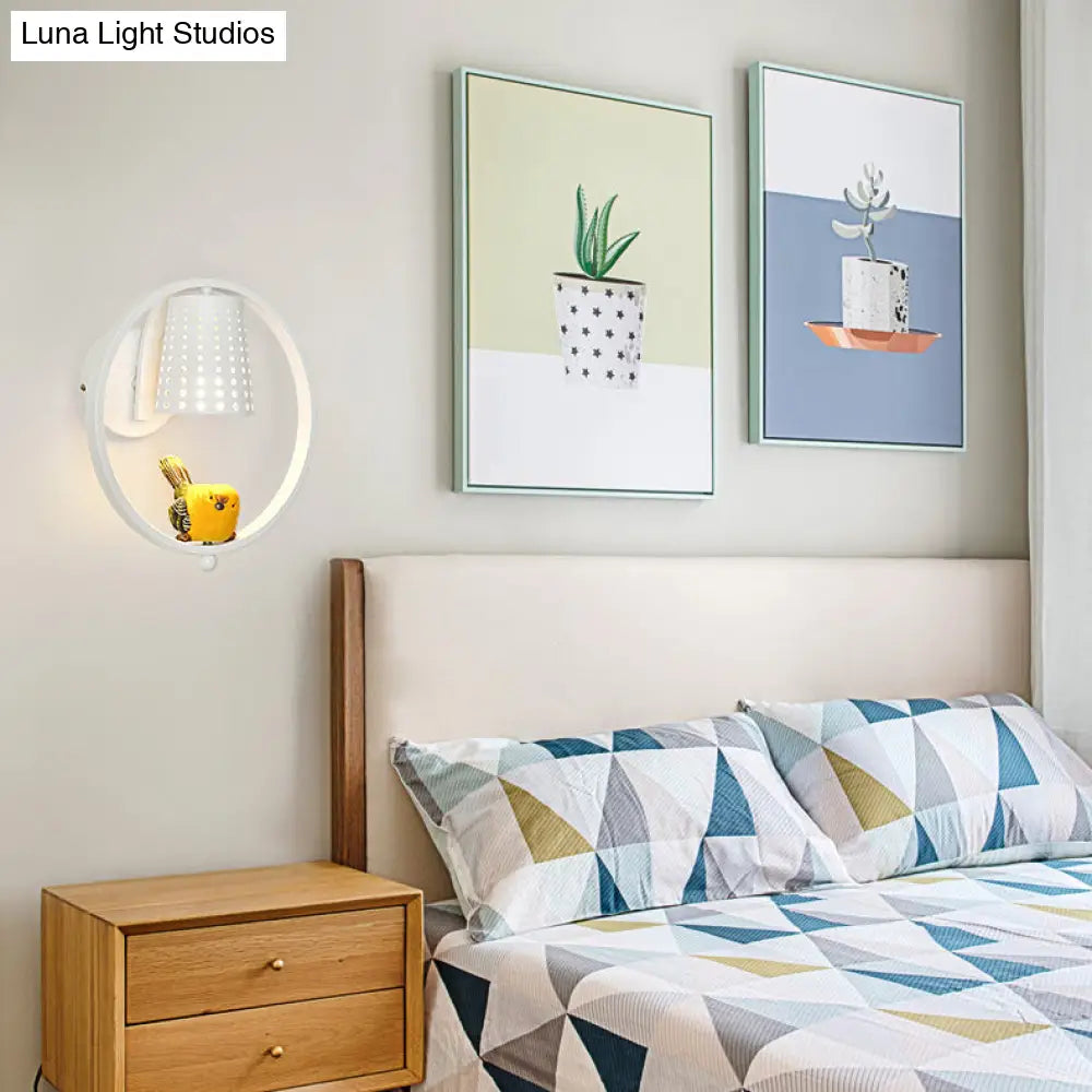 Cute Bird Kids Wall Light With Metal Shade - Child Bedroom Sconce