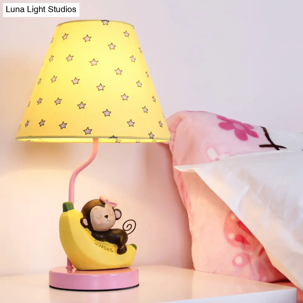 Cute Blue Banana & Monkey Table Lamp For Girls Bedroom - Metal Light Single Head