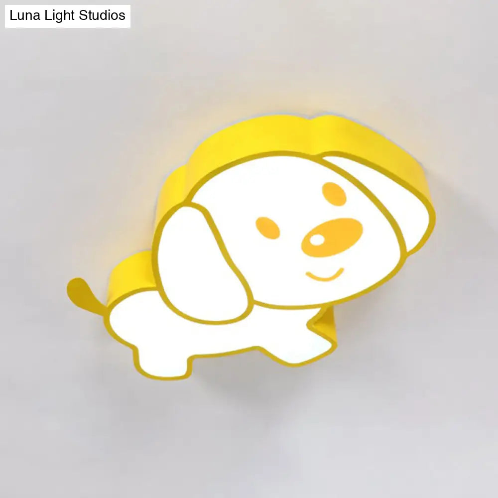 Cute Dog Ceiling Mounted Led Flush Light Fixture In Yellow For Kids Room