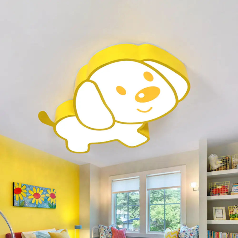 Cute Dog Ceiling Mounted Led Flush Light Fixture In Yellow For Kids Room