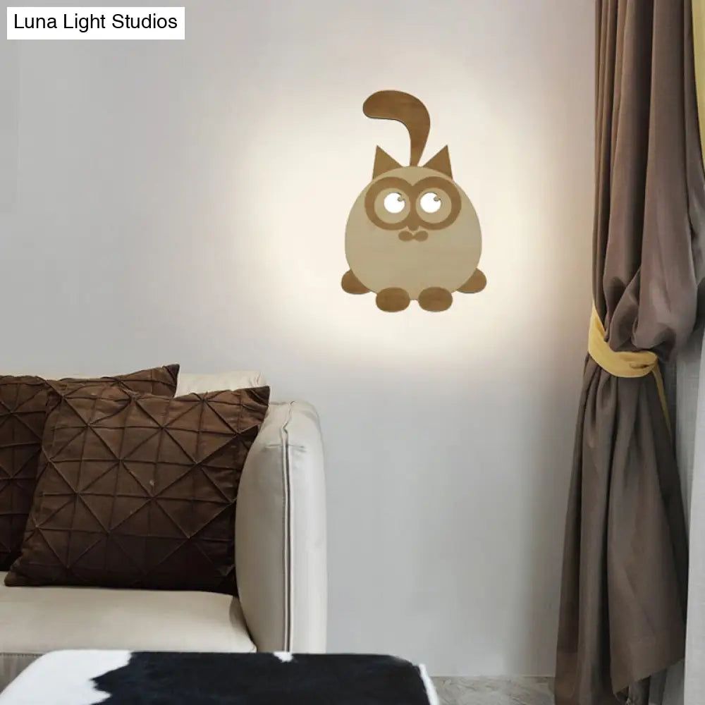 Cute Wooden Led Wall Light For Kids Bedroom - Circular Kitten Sconce Animal Lighting