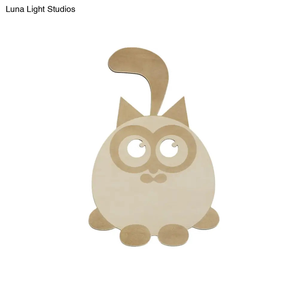 Cute Wooden Led Wall Light For Kids Bedroom - Circular Kitten Sconce Animal Lighting