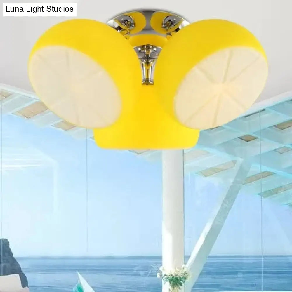 Cute Yellow Lemon Flush Mount Light With 3 Glass Lights For Restaurant And Child Bedroom