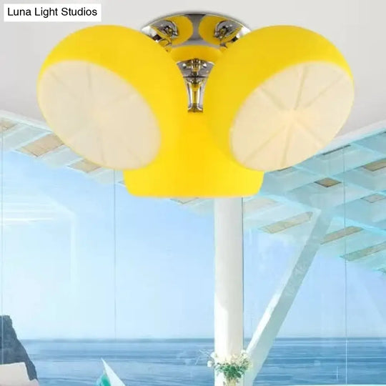 Cute Yellow Lemon Flush Mount Light With 3 Glass Lights For Restaurant And Child Bedroom