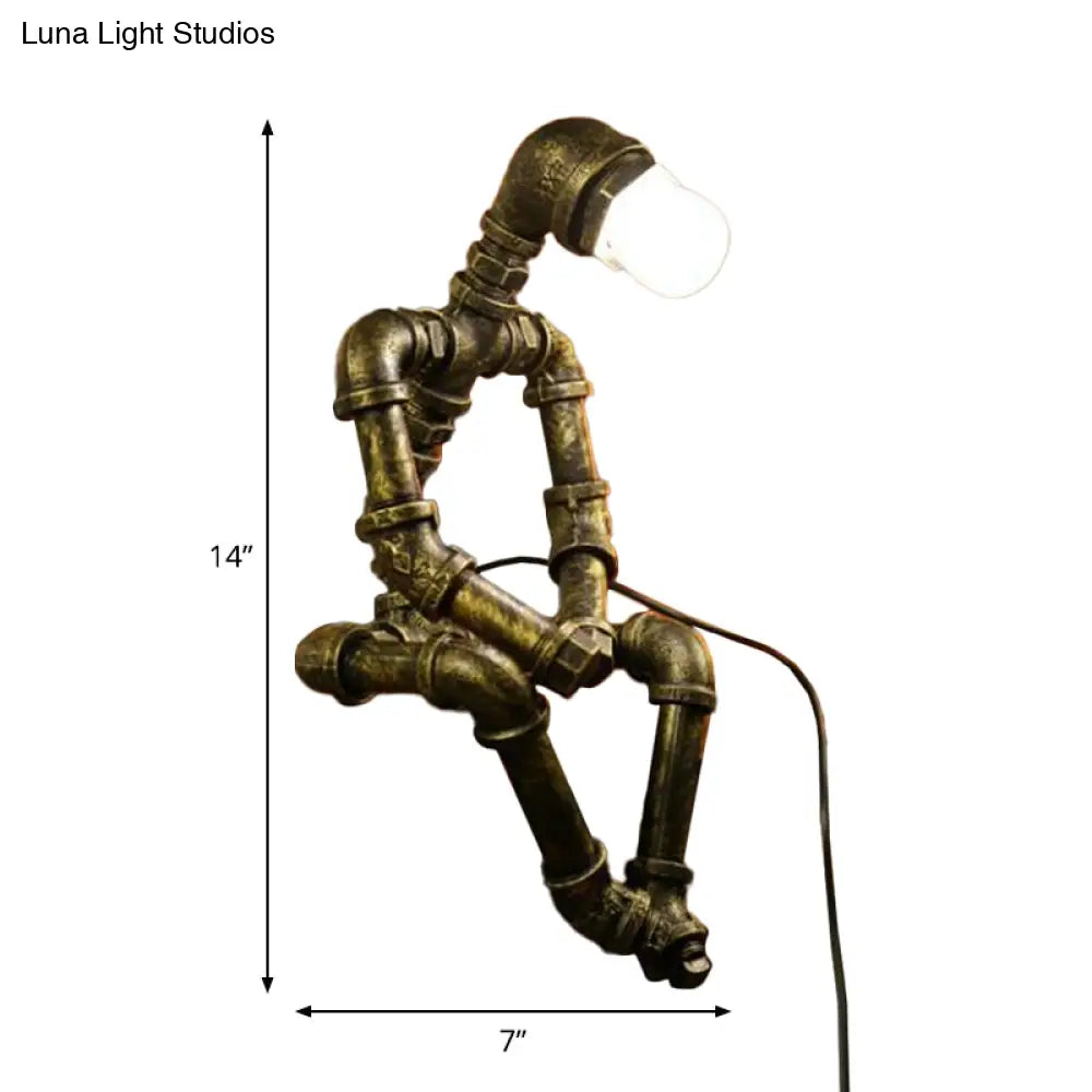 Cyberpunk Iron Pipe Robot Nightstand Lamp - Single-Bulb Brass/Copper Light For Boys Room