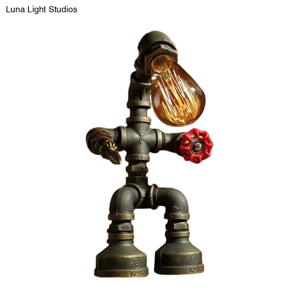 Cyberpunk Iron Pipe Robot Nightstand Lamp - Single-Bulb Brass/Copper Light For Boys Room